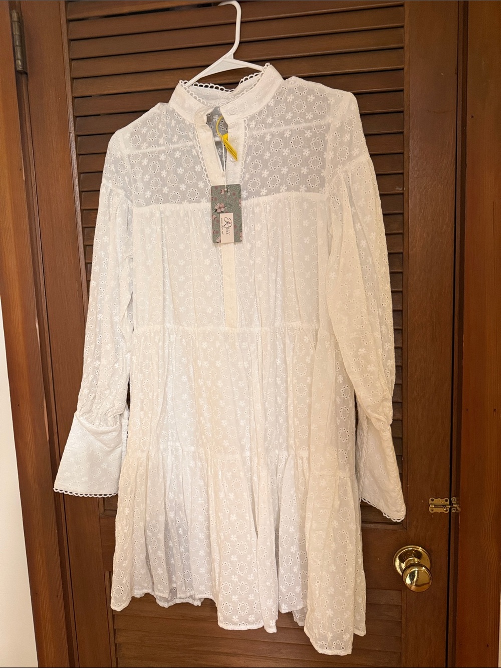 White Eyelet Long-Sleeve Tiered Dress with High Neck